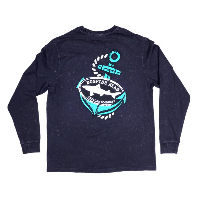 Front and back views of a black long sleeve tee featuring a teal and white Dogfish Head anchor logo graphic with the phrase “Explore Goodness.”