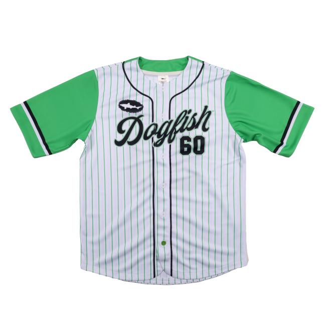 Stripe baseball tee green sleeves front script Dogfish 60 text, back block lettering Dogfish Head large 60