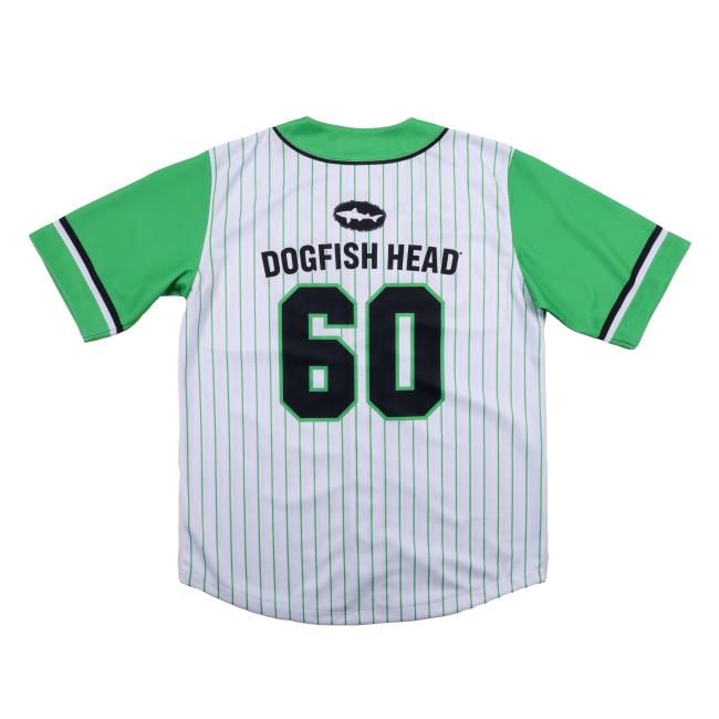 Stripe baseball tee green sleeves front script Dogfish 60 text, back block lettering Dogfish Head large 60