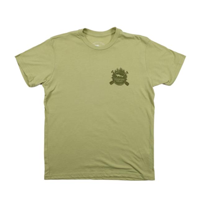 Fern green short sleeve unisex tee shirt with paddle and camp inspired artwork