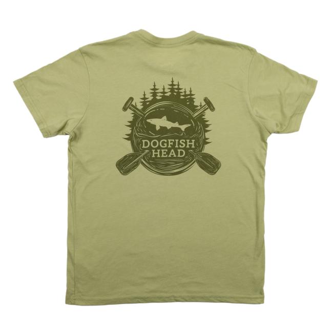 Fern green short sleeve unisex tee shirt with paddle and camp inspired artwork