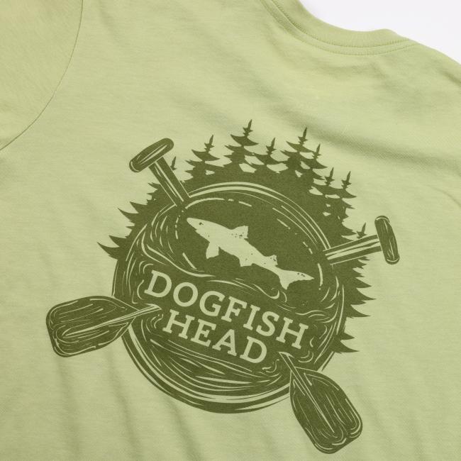 Fern green short sleeve unisex tee shirt with paddle and camp inspired artwork