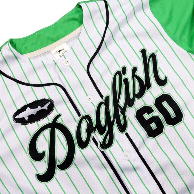 Stripe baseball tee green sleeves front script Dogfish 60 text, back block lettering Dogfish Head large 60