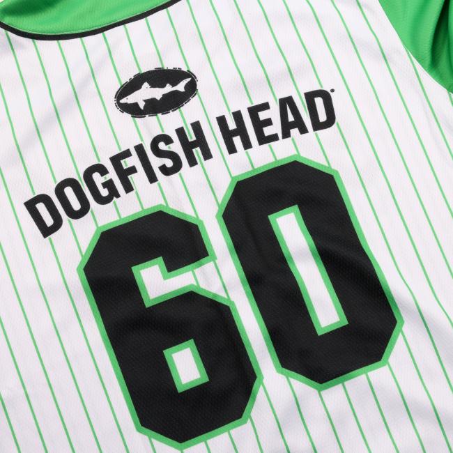 Stripe baseball tee green sleeves front script Dogfish 60 text, back block lettering Dogfish Head large 60