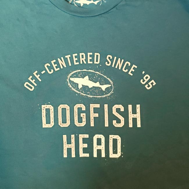 Close up of Teal Unisex Tee with Dogfish Head Athletic Style Logo