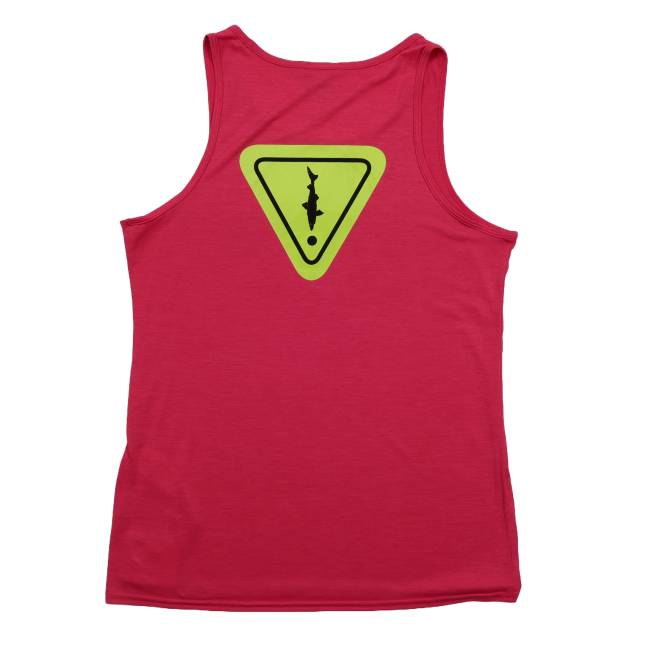 Pink women’s sleeveless Dogfish Head x Patagonia tank top featuring a large neon yellow triangle graphic with a black shark icon and exclamation point on the upper back.