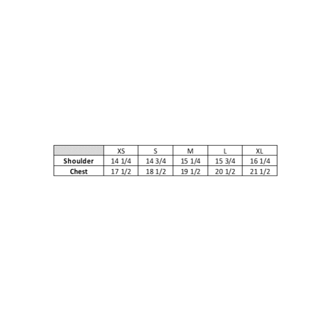 Size guide for tee shirt.